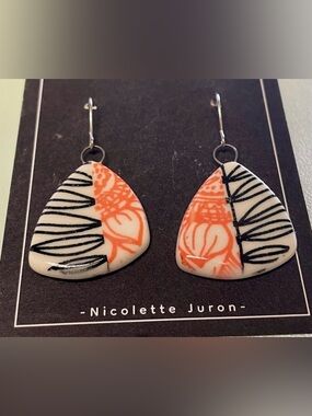 Orange & Black Patterned Porcelain Drop Earrings— Handmade- NWT